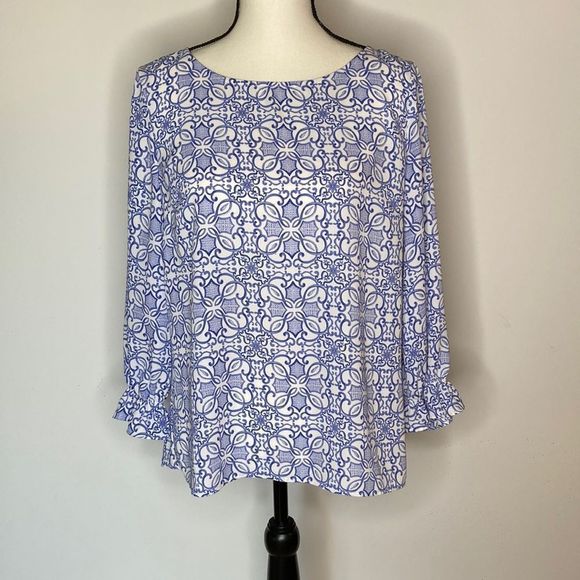 Talbots Top Blouse Blue Mosaic Print Blouse Top - Picture 1 of 9